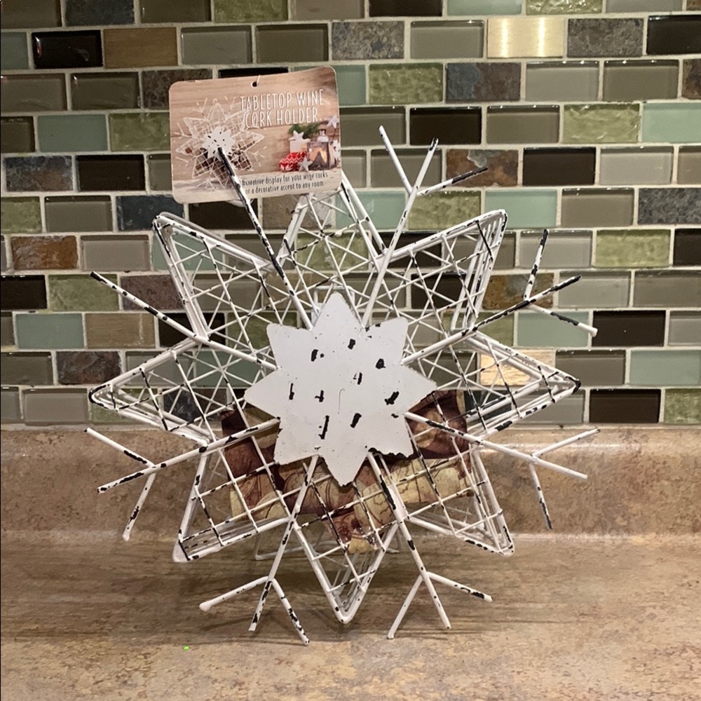 White Metal Snowflake Tabletop Wine Cork Holder- Holiday Decor NWT!